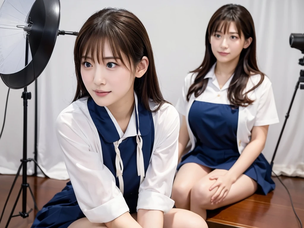 A live-action photo of an extremely beautiful Japanese high school girl race queen who highlights her large breasts and beautiful legs.、In a photo studio, she wears a cosplay uniform and takes promotional photos for compensated dating、She is an eternal idol who combines a clean look with modern charm.。 She creates such beauty。 She feels her own warmth。 She creates a warm atmosphere。 We create beauty。 That's what I want to say。 In her full body photo、The figure features porcelain-like skin and golden hair that radiates a soft glow.。 This is probably、It captured the essence of her timeless charm.、This is the best shot ever.。 Each straight line and curve is carefully expressed.、Breathtakingly beautiful with impeccable detail。 This piece perfectly captures her timeless beauty.。 Divine Proportions、Sharp focus、Full-body photo taken by Kishin Shinoyama、high quality、High resolution、Detailed Background