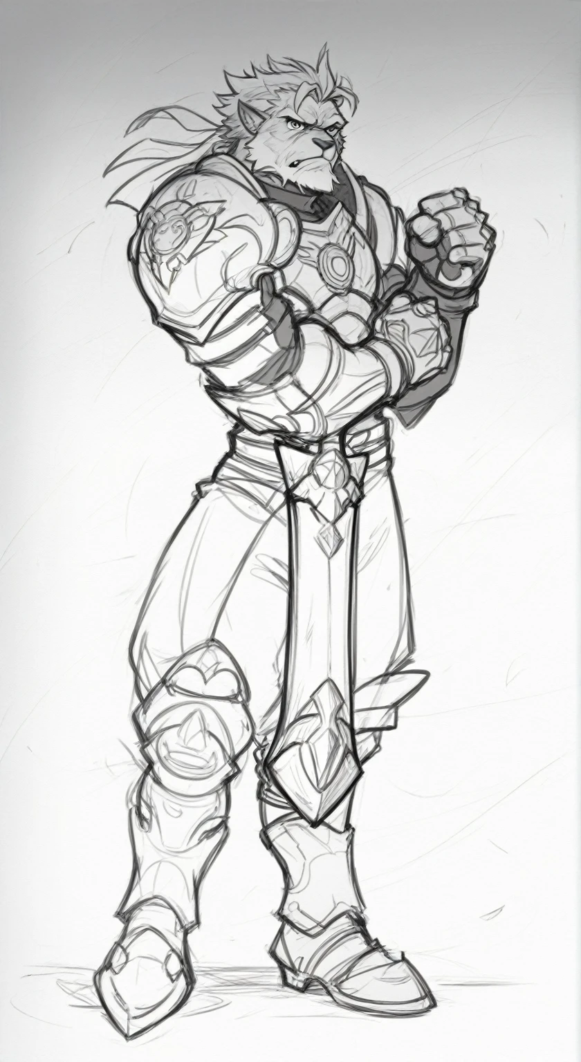 A drawing of a man with a sword in his hand, old Sketch, torchlight. Sketch, a human male paladin, concept art of a warrior, conceptual character, character design Sketch, concept art Sketch, male paladin, Heavy contours, Anthro concept art, fighter pose, Conceptual armor, overwatch fatal fist, thick armor, detailed Sketch, heavy linear