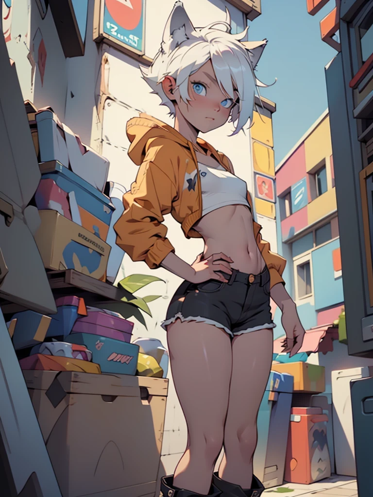 male with wolf ears, has white hair, is male, male, short, wearing fur lined cropped hoodie, wearing denim short shorts, wearing thigh high fishnets, wearing black combat boots, SOLO, ALONE, (SOLO)(ALONE), has blue eyes, (Perfect eyeasterpiece) thick thighs, wide hips, has wolf tail, super flat chest, flat chest (Super flat chest), male, is male, no breasts

(nsfw:0.55), ((flat chested, flat stomach, )), (((vibrant colors))),((3d)), (intense colors)