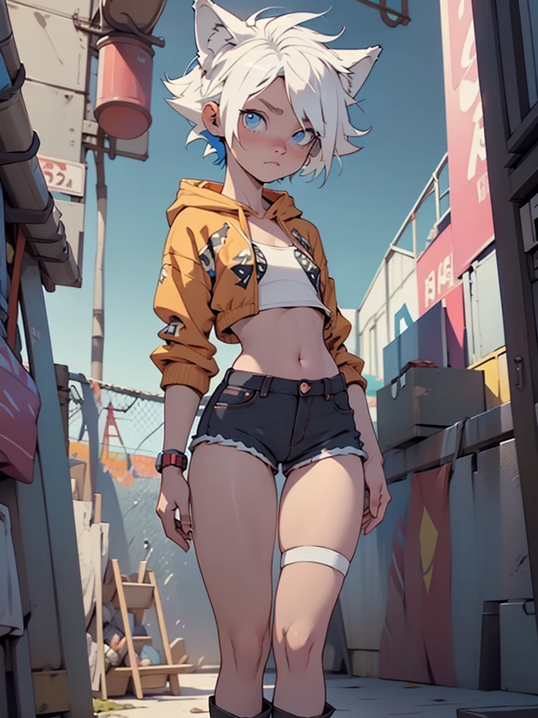male with wolf ears, has white hair, is male, male, short, wearing fur lined cropped hoodie, wearing denim short shorts, wearing thigh high fishnets, wearing black combat boots, SOLO, ALONE, (SOLO)(ALONE), has blue eyes, (Perfect eyeasterpiece) thick thighs, wide hips, has wolf tail, super flat chest, flat chest (Super flat chest), male, is male, no breasts

(nsfw:0.55), ((flat chested, flat stomach, baby face)), (((vibrant colors))),((3d)), (intense colors)