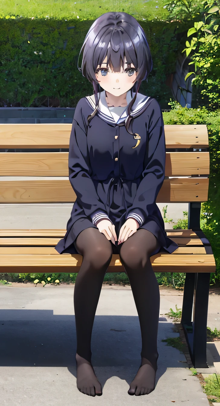 resolution, (Head to Toe full body), front, frontComposition from slightly below, Symmetric, Tall 18 year old girl, alone, (Head to Toe), (Small breasts), Black Hair, (black tights), (Black Pantyhose), (Sit with your legs apart), (Crouching pose), ( (Sit on a bench with your legs spread), (M-shaped feet), Thin legs, Very beautiful tall 18 year old girl, , smile、 Looking into the camera, (I'm not wearing shoes)Long sleeve blouse、Skinny jeans