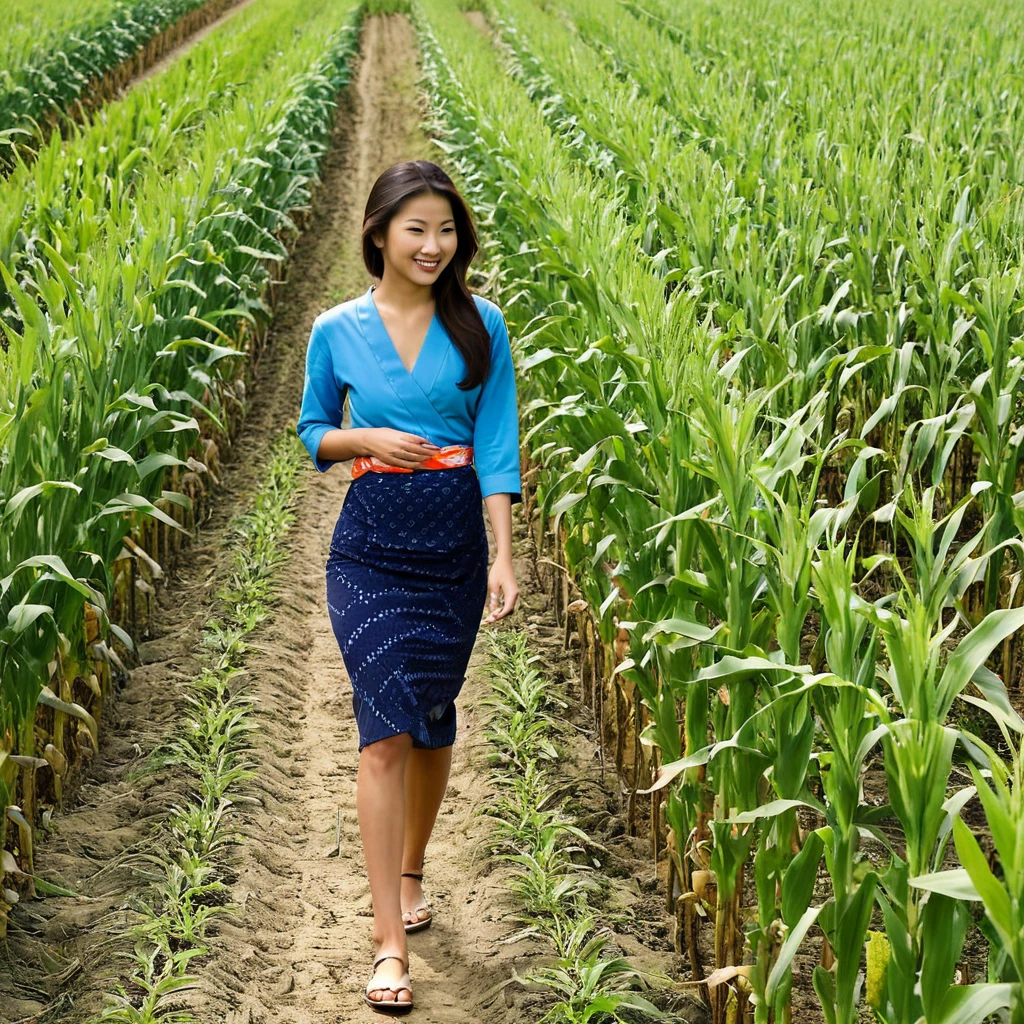 A woman walking in a cornfield, with traditional Japanese woodblock print style, featuring flat colors and strong outlines.