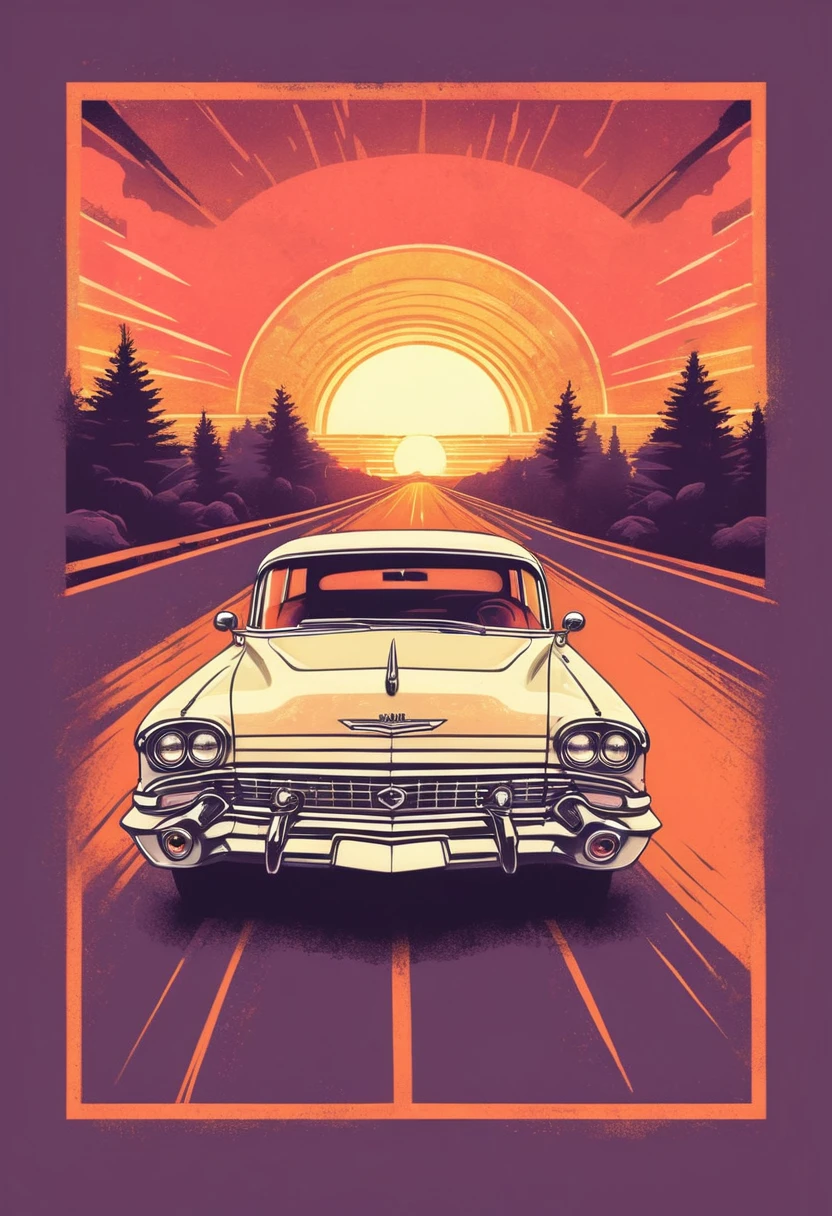 retro_tshirt a vintage car driving down a road with a sunset in the background, flat, frame,( square:1.1), (white outline:1.2) 