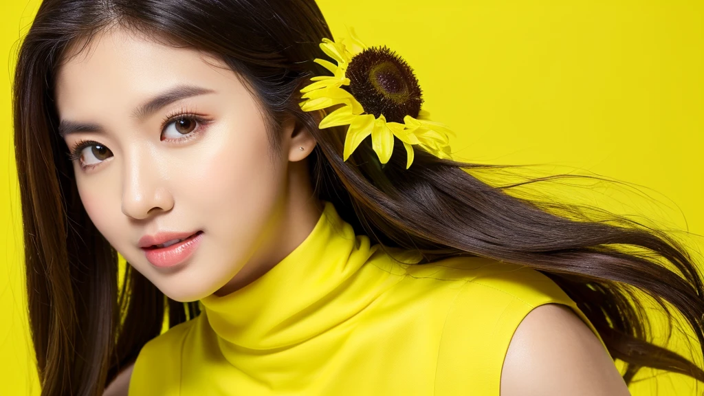 sunflower,(detailed face),VIVID,pretty,sleeveless and turtle neck white silky clothes,4k ,super high resolution ,(photo-realistic: 1.7),((yellow background)),black long hair,
