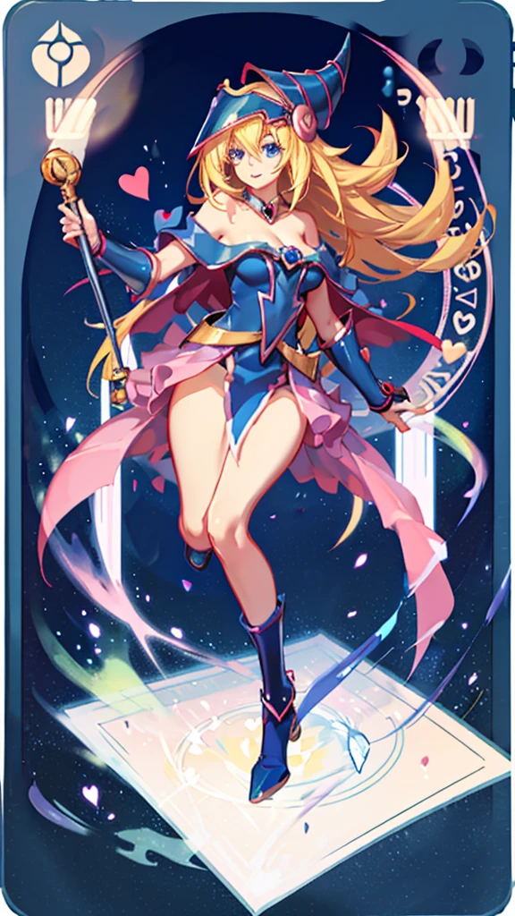 Dark Magician Girl casting a spell, Extra long blonde hair. blue eyes. Red lips. innocent smile. pose sensual. floating in the air, big tits, magic background. Transparent hearts in the air, blue robe, Yugioh Card in the background