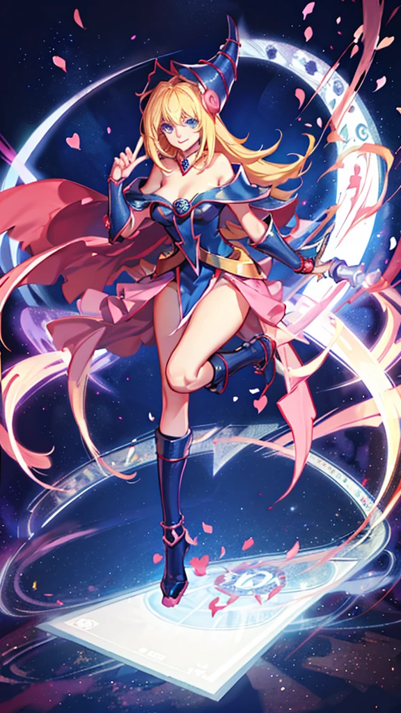 Dark Magician Girl casting a spell, Extra long blonde hair. blue eyes. Red lips. innocent smile. pose sensual. floating in the air, big tits, magic background. Transparent hearts in the air, blue robe, Yugioh Card in the background