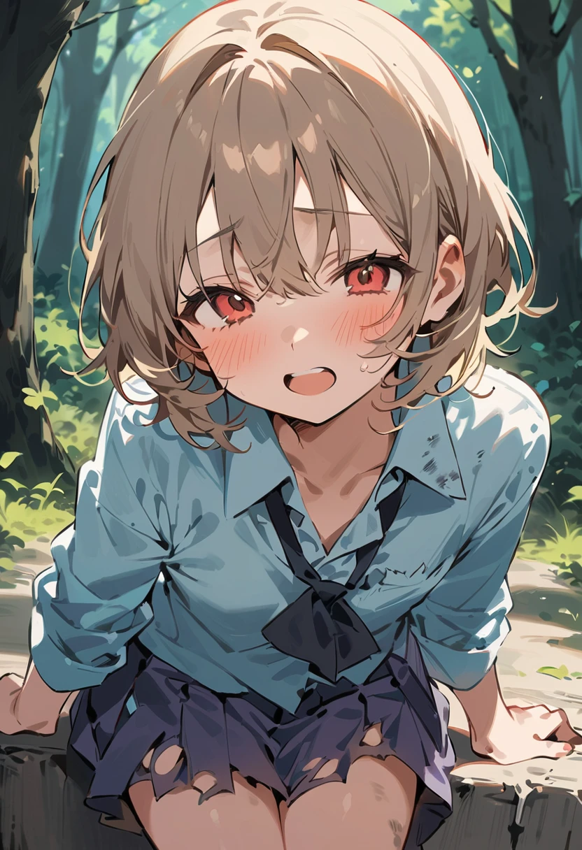 beautiful detailed girl,(masterpiece,best quality,extremely detailed:1.2),((cowboy shot:1.1)),(solo,10 years old,kawaii,slender,small breasts:1.25),(pained look:0.8),((white underwear) in ((Torn school uniform)):2),(dirty:2),blush,shy,weep,standing,(deep forest:1.5),(hug:0.4),rating: general, newest,Sexy face