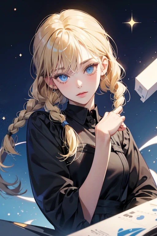 Agent Purr is a small dark grey shorthair girl cat with blonde hair in two French braids and light blue eyes. SPARKLE; GLITTER