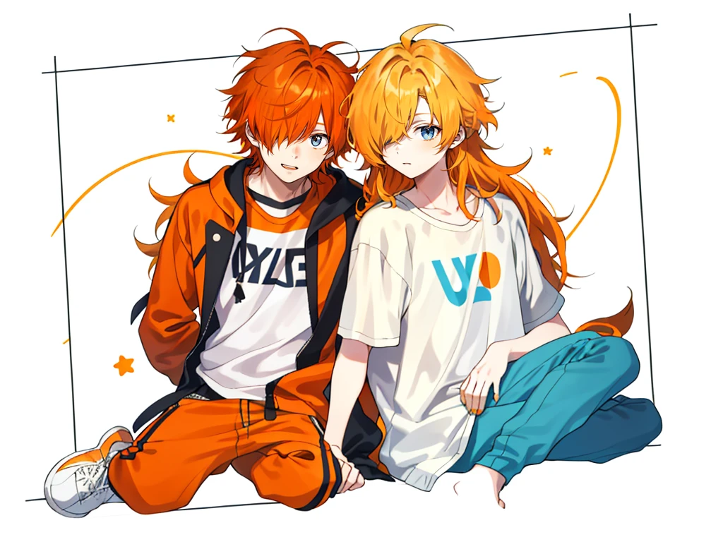 1 boy, 24 years old, messy hair, orange hair, medium hair, jumpsuit, 1 girl, 24 years old, hair over one eye, blonde hair, very long hair,