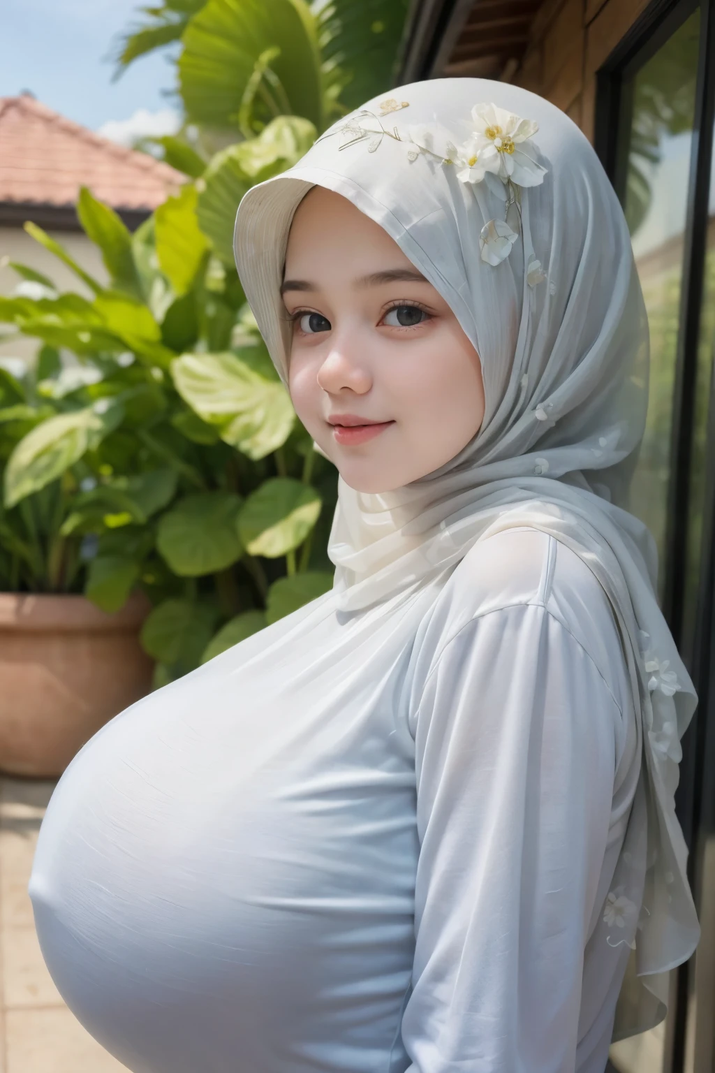 Jumbo (Dress), Chubby adorable, 1 girl, (face to face), , baby face, happy, half body portrait, (face details: 1), (eye details: 1), ((big breasts)transparent transparency soft long shirt, hijab, .. Cute posed. proportional body. Ultra High Res. realistic: 1.4, UHD, (floral pattern), view from side seductive pose