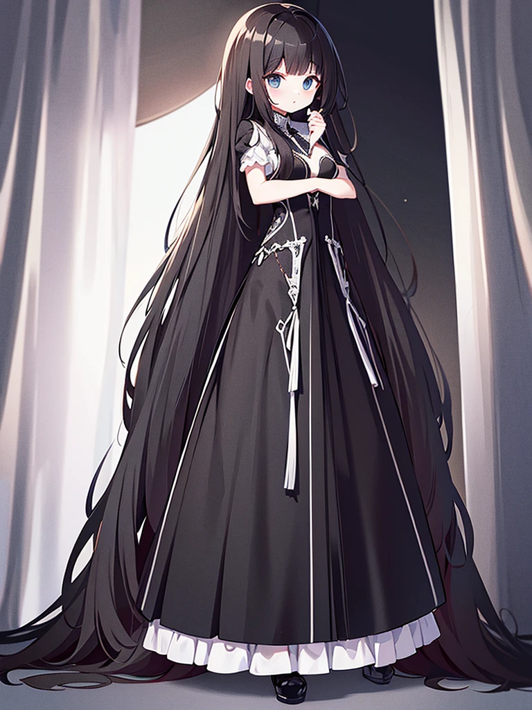 Full-body portrait、Are standing、Adult women、Black Hair、Untidy hair、Messy hair、Thick Hair、Very long hair、Long Hair、A thin, revealing black curtain dress