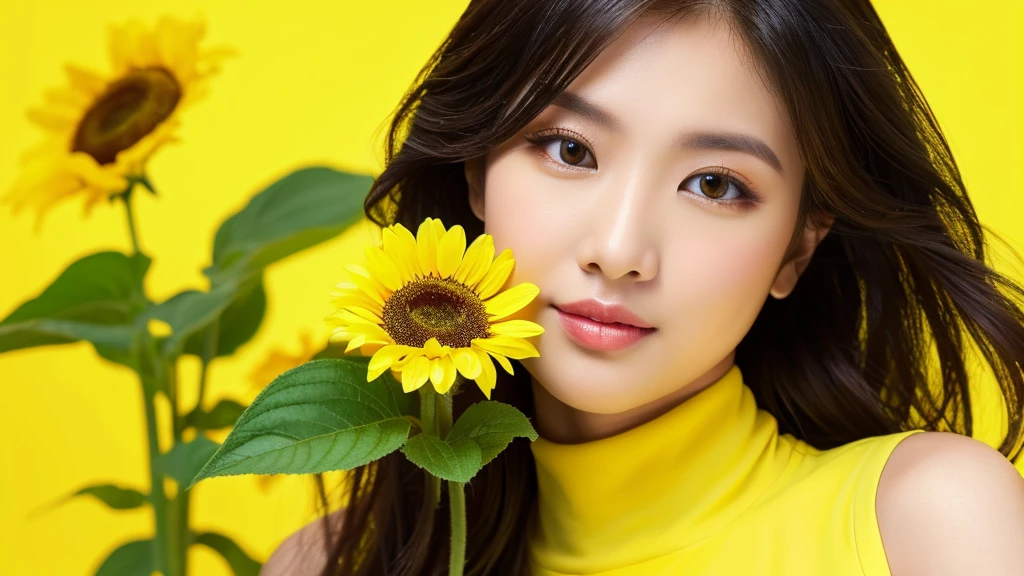 sunflower,(detailed face),VIVID,pretty,sleeveless and turtle neck white silky clothes,4k ,super high resolution ,(photo-realistic: 1.7),((yellow background)),black long hair,