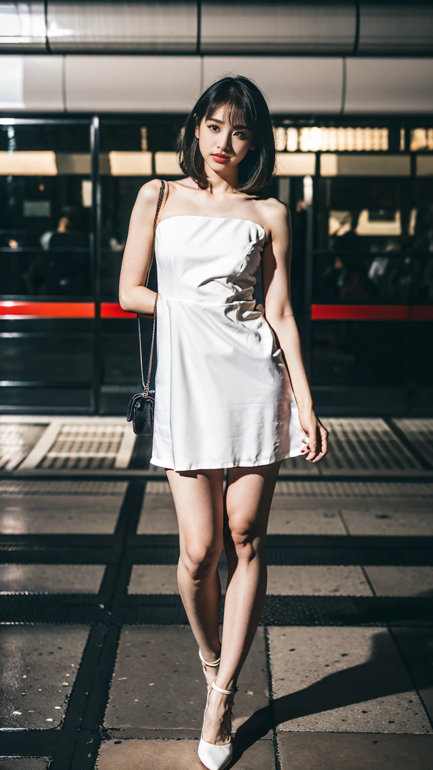 A beautiful European lady, arched back,Mini bandeau dress for summer, bokeh, Japanese subway station, glass of wine on floor, realistic, professional photoshoot ,Medium bust, large hips, thick thighs, long legs