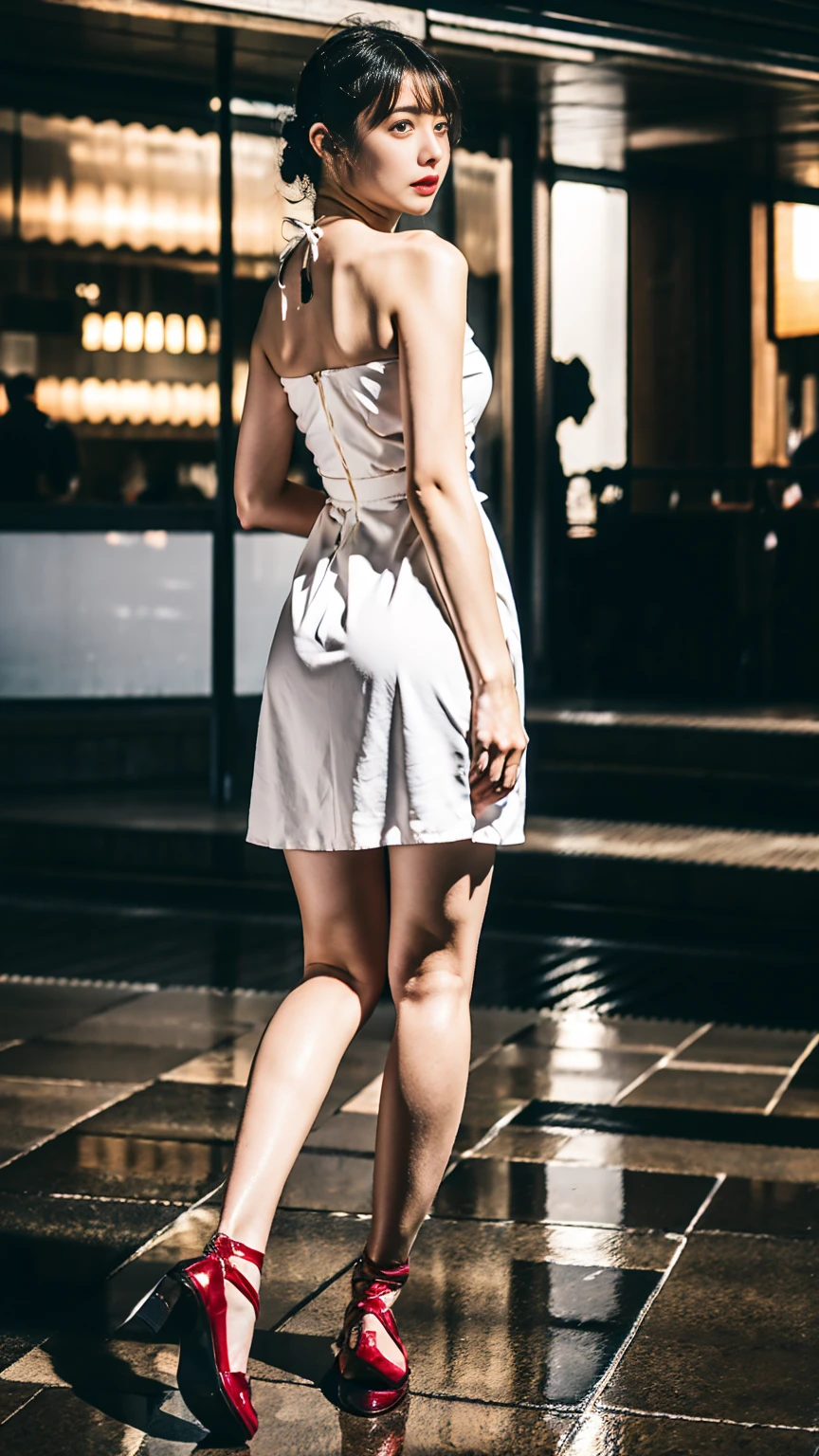 A beautiful European lady, arched back,Mini bandeau dress for summer, bokeh, Japanese subway station, glass of wine on floor, realistic, professional photoshoot ,Medium bust, large hips, thick thighs, long legs