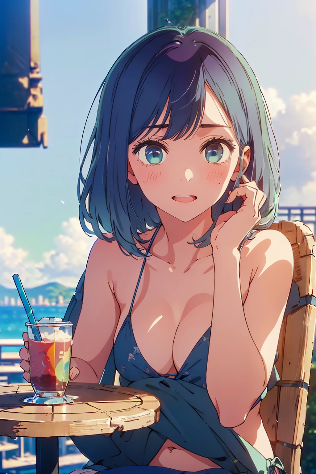 (Highest quality:1.4、masterpiece:1.4、Super detailed:1.4、8K:1.4)、F cup bust、Big Breasts、Slim body、((((1 person、Surprised expression、sit、Chair、In the background are the urban buildings of Tokyo、looking at the camera、Outdoor café terrace、coastal、Navy hair color、juice、Shooting very far away、table、Very cute face))))、(Pose of putting hair behind ears with hands:1.4、Cheek resting on hand:1.4）、((nude、Areola、bikini size too small))、Very blue sky、A completely cloudless sky、Big eyes、((((Shallow depth of field))))