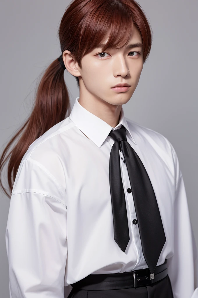 masterpiece, Highest quality, A long time ago (Genshin Impact), One boy, Male Focus, Redhead, Red eyes, Long Hair, alone, Simple Background, White Background, Hair between the eyes, bangs, Mouth closed, ponytail, Shine, View your viewers, Antenna Hair, Cropped shoulders, shirt, Jacket, Portraiture, black shirt, tie, collared shirt