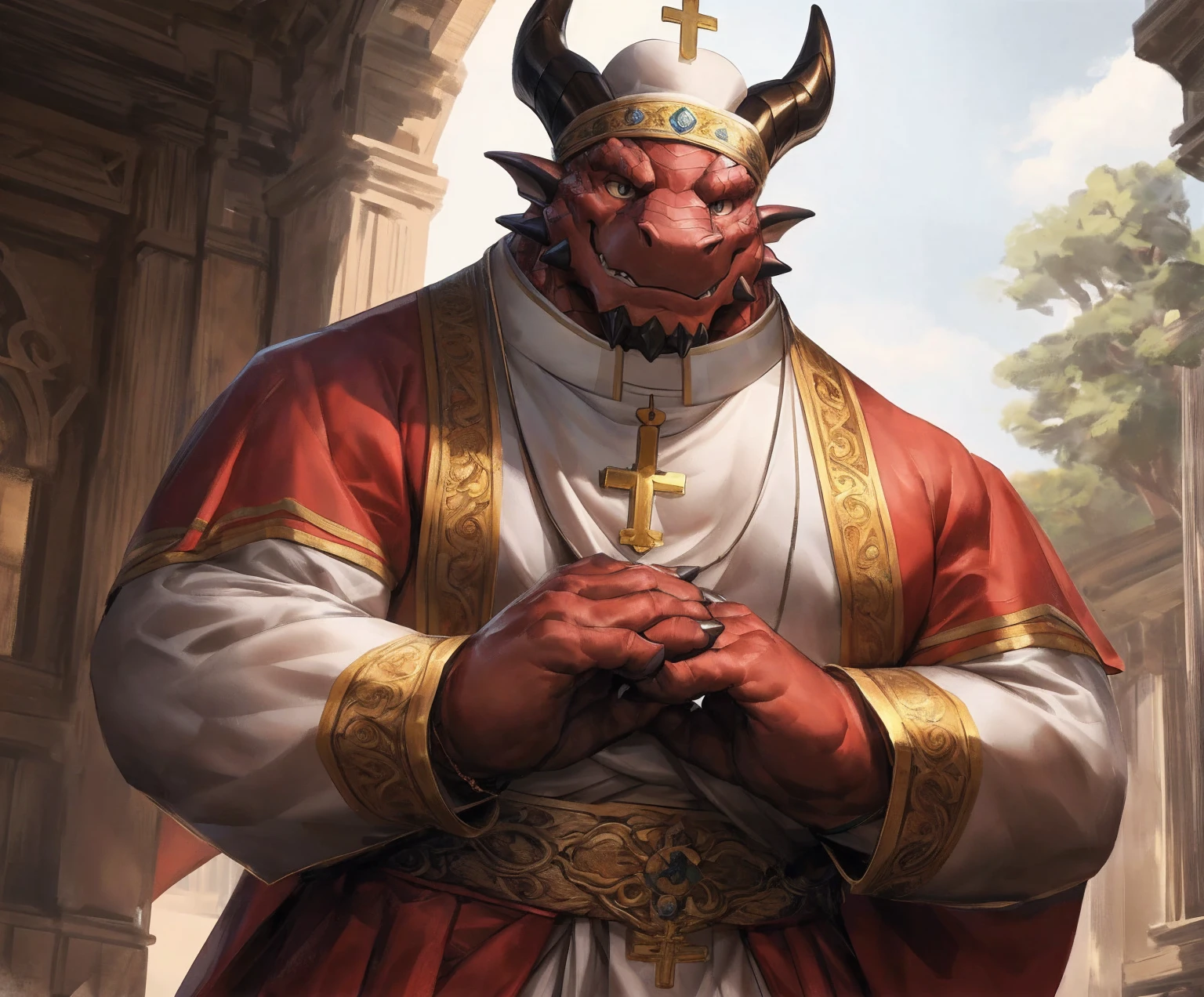 human nature, cannon, male, solitary, ((the strong，Handsome)), (dragon),((Traditional Catholic Pope outfit，西方dragondragon角))， standing，((Traditional Catholic style))，Hand in hand cross，high quality, (4K,high quality, high resolution, masterpiece), Front view (close up), cartoon,by lindong