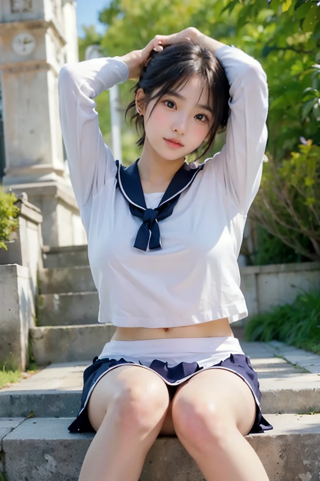 ((Highest quality, 8K, masterpiece :1.3)), 1 innocent girl:1.3, (short hair,Sailor suit,Beautiful breasts :1.3 Ultra mini skirt, Highly detailed face, Beautiful Eyes, double eyelid,Cute face,(Sitting on stone steps),(Realistic Face),(Realistic Skin),Smart Body,Hips facing forward,half Japanese and half European,Innocent face、arms up behind、Angle from below、Blushed cheeks、White panties peeking out from the delta zone