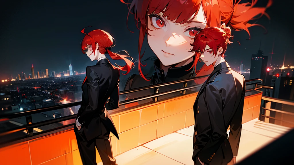 masterpiece, detailed, ( 2 people focus ) , girl and gang male at an night modern cityscape , ( 1 girl and 1 gang male:1.3 ) , red hair male, ( male with red hairstyle:1.3 ) , male's nape hair is long , ( beige hair girl ) , chignon hairstyle girl, ( girl with single chignon hairstyle:1.3 ), messy blunt bangs male , girl with blunt bangs , wearing black suit , deep-red eye , ( male face:1.3 ) , (( The background of the night modern cityscape )) , ( midnight ) , back to back , neon , building , moonlight