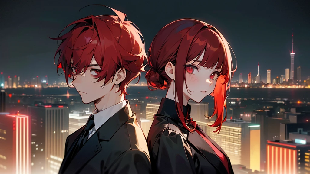 masterpiece, detailed, ( 2 people focus ) , girl and gang male at an night modern cityscape , ( 1 girl and 1 gang male:1.3 ) , red hair male, ( male with red hairstyle:1.3 ) , male's nape hair is long , ( beige hair girl ) , chignon hairstyle girl, ( girl with single chignon hairstyle:1.3 ), messy blunt bangs male , girl with blunt bangs , wearing black suit , deep-red eye , ( male face:1.3 ) , (( The background of the night modern cityscape )) , ( midnight ) , back to back , neon , building , moonlight