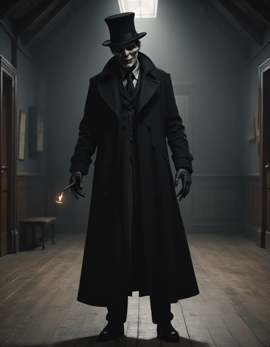 a tall dark shadowy bogeyman in a black coat and hat, long claw-like hands, pale frightening face, anatomically correct, (best quality,4k,8k,highres,masterpiece:1.2),ultra-detailed,(realistic,photorealistic,photo-realistic:1.37),horror,dark fantasy,moody lighting,chiaroscuro lighting,dramatic shadows,haunting,unsettling