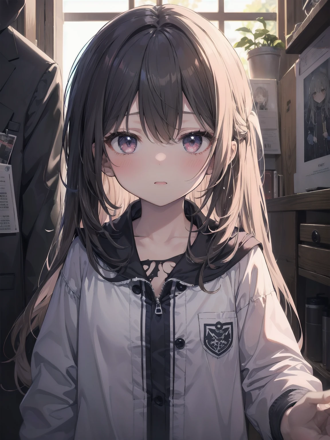Masterpiece、Cinematic、Highest quality、Super detailed、Detailed clothing、Clear Face、Detailed face、Detailed skin、1人のgirl、6 years old、girl、、Torn clothes、、Worn clothes、Embarrassing、blush、Looking down、Loose wearing、despair、fear、A dark room、Blackout