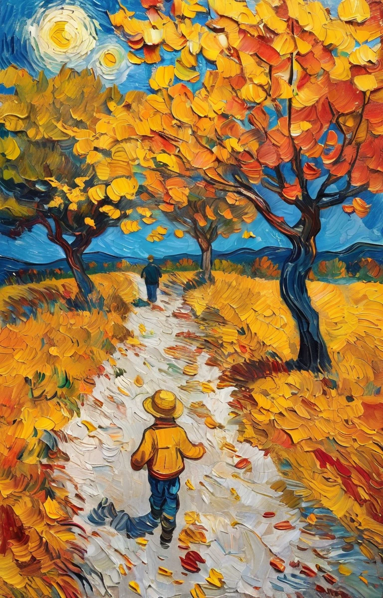 An autumn park with leaves of red, orange, and yellow falling from the trees, a couple walking hand in hand, and children playing, using Van Gogh's expressive brushstrokes and warm color tones to depict the beauty of the season, in Van Gogh Style.