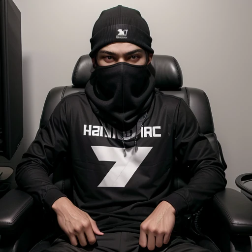 realisitic, sports bandit, neck scarf, long and tight black shirt, sitting on gaming chair , mask covering face , brazileiro, dark-skinned, darkskin