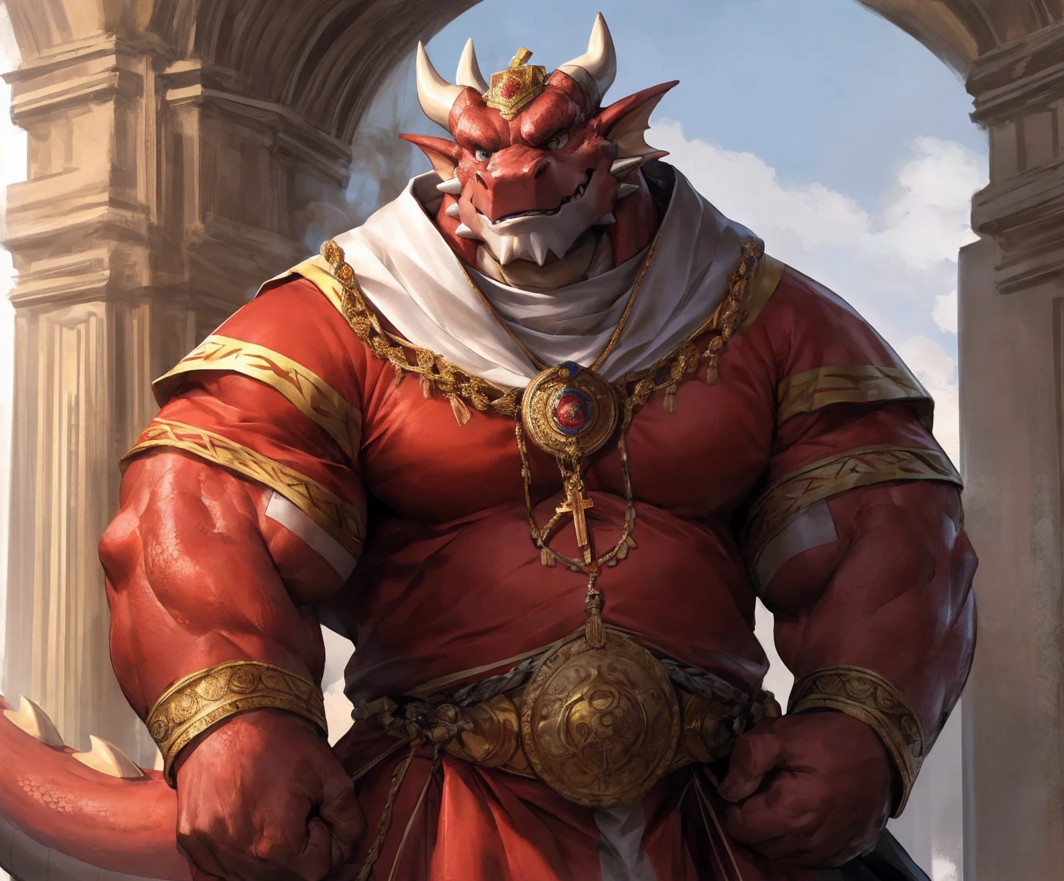 human nature, cannon, male, solitary, ((the strong，Handsome)), (dragon),Traditional Catholic Pope outfit， standing，Traditional Catholic style，Hand in hand cross，high quality, (4K,high quality, high resolution, masterpiece), Front view (close up), cartoon,by lindong