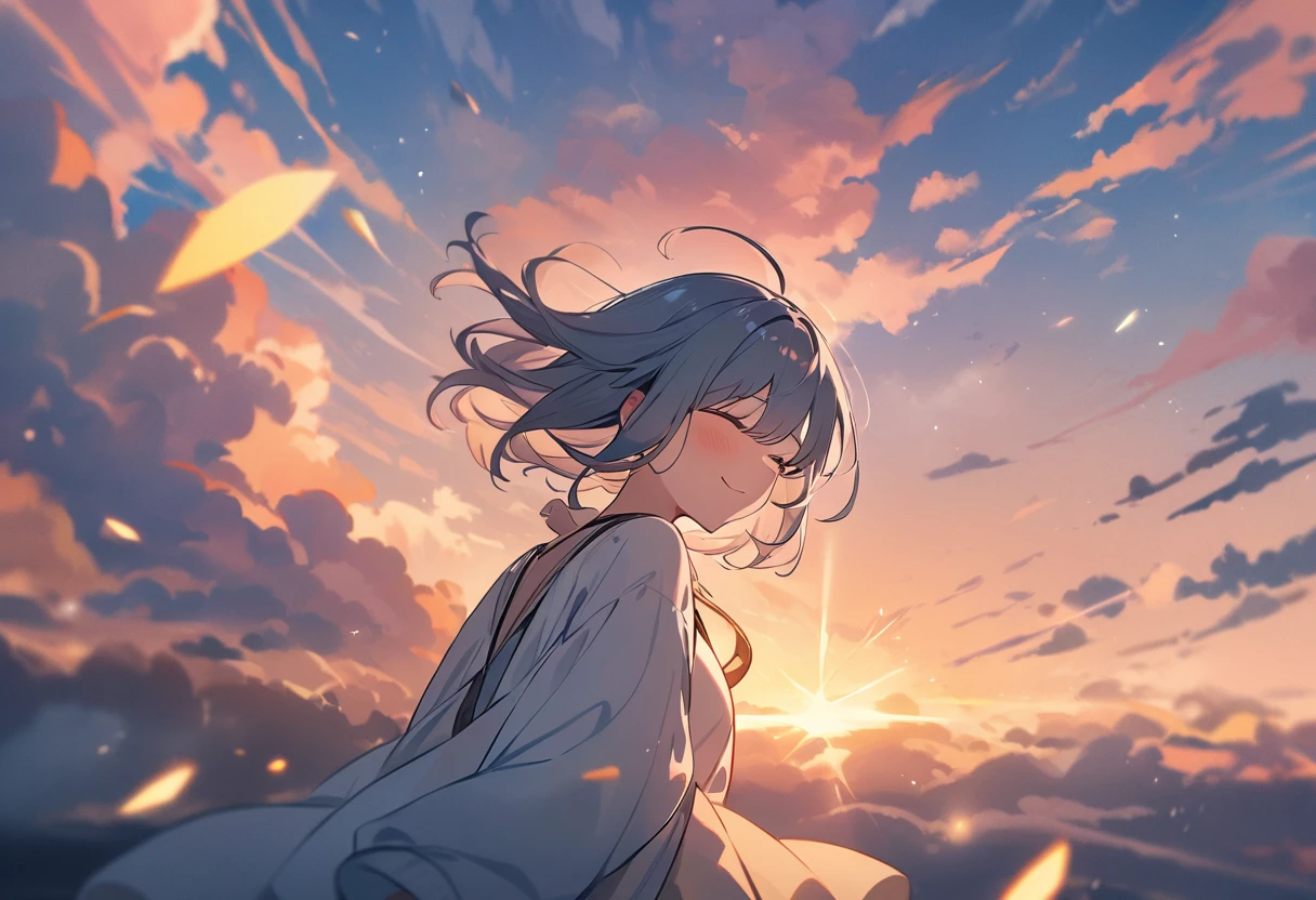 masterpiece, Highest quality, Movie stills, 1 Girl, Cloud Girl, Floating in the sky, close, bright, Happy, Warm and soft lighting, sunset, (spark:0.7)