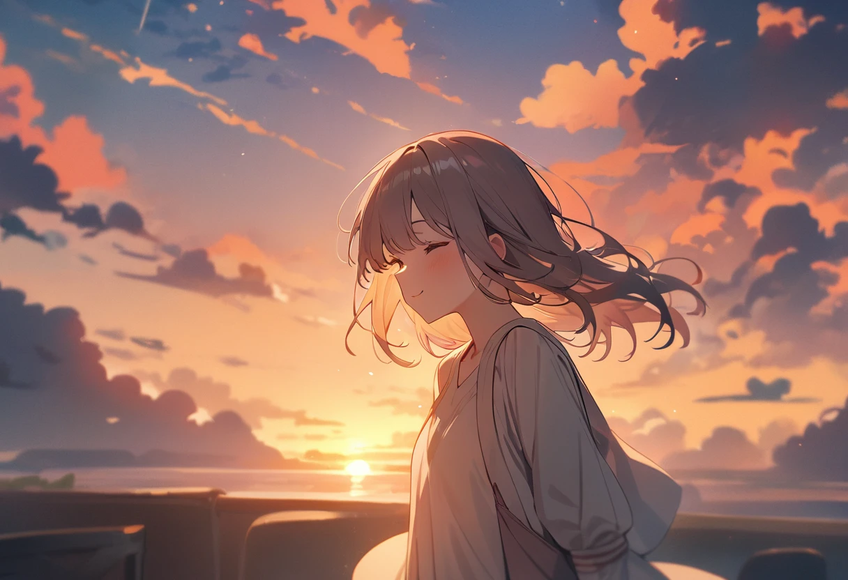 masterpiece, Highest quality, Movie stills, 1 Girl, Cloud Girl, Floating in the sky, close, bright, Happy, Warm and soft lighting, sunset, (spark:0.7)