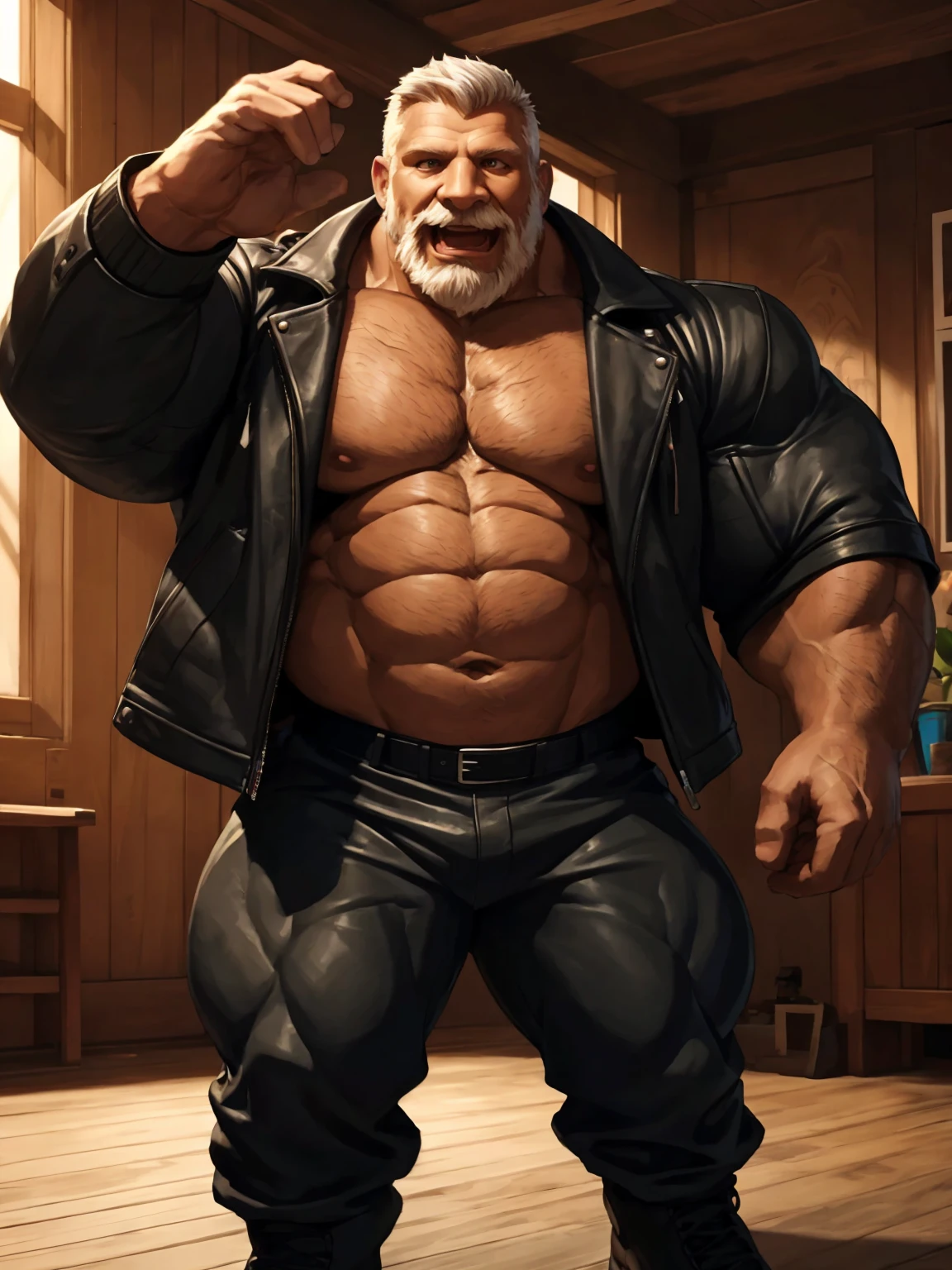 Wide medium shots, ground level camera shot, (best quality, 4k,8k, high res, masterpiece:1.2), ultra-detailed, (realistic,photorealistic,photo-realistic:1.37).,((hyper muscular)) old man wearing black leather skin jacket, happy, hyper, muscle, hyper pectoral, hyper bicep, hyper arms, white and short hair, super thick arms, super big pectoral, super wide pectoral