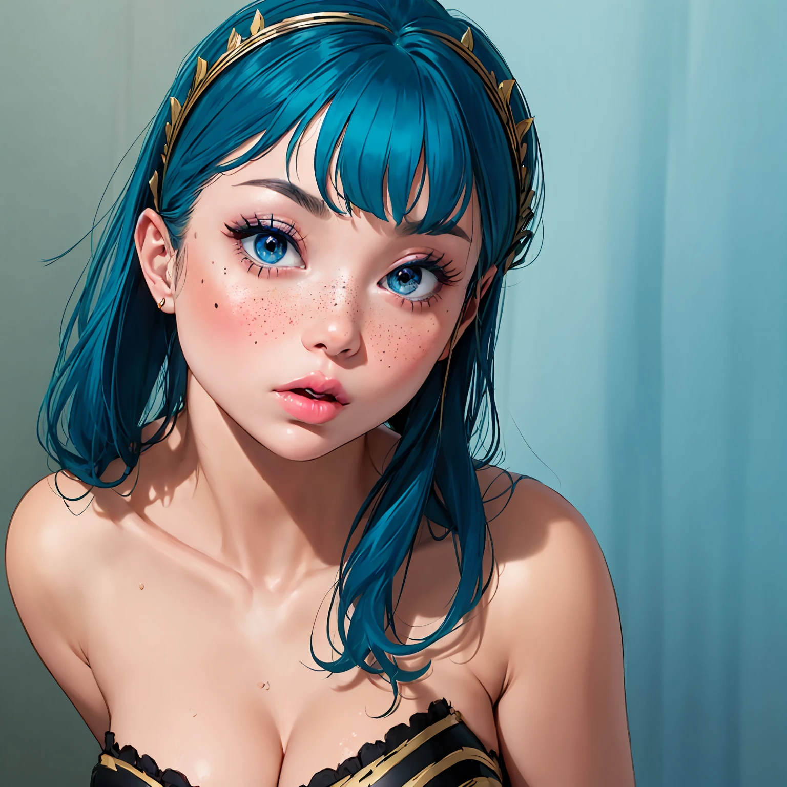 score_9, score_8_up, score_7_up, solo, lum, long hair, bangs, blue hair, blue eyes, tiny horns, aqua hair, eyeshadow, goth, tattoos, long eyelashes, (big lips:1.5), teasing, night, freckles, blush, corset, cleavage, shining blush, strapless bikini, perfecteyes, tiger lily flowers background, Vintage, Expressiveh, portrait, wet corset, from side, look at viewer,