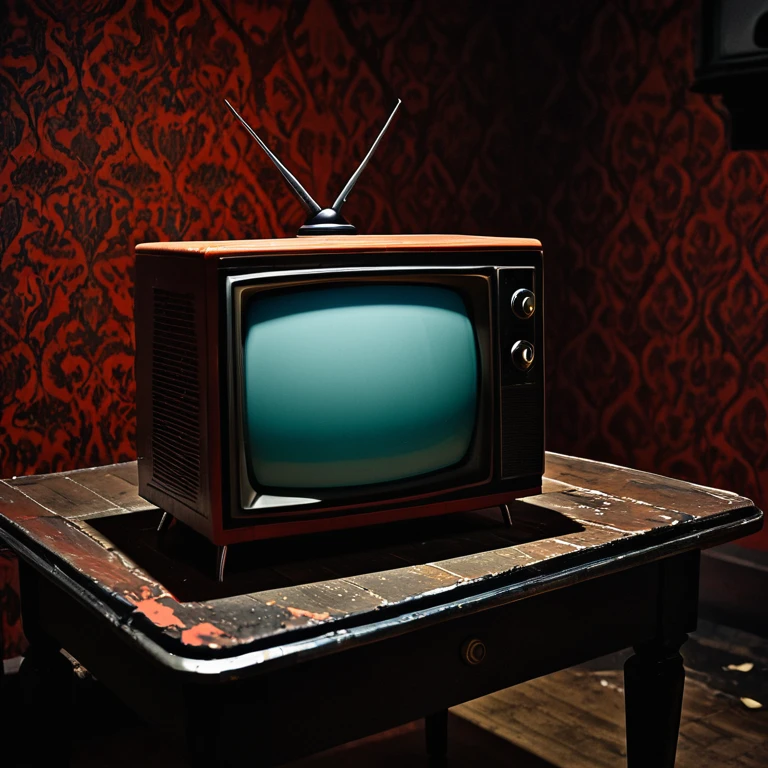 A TV(television)on a table in a haunted horror movie room