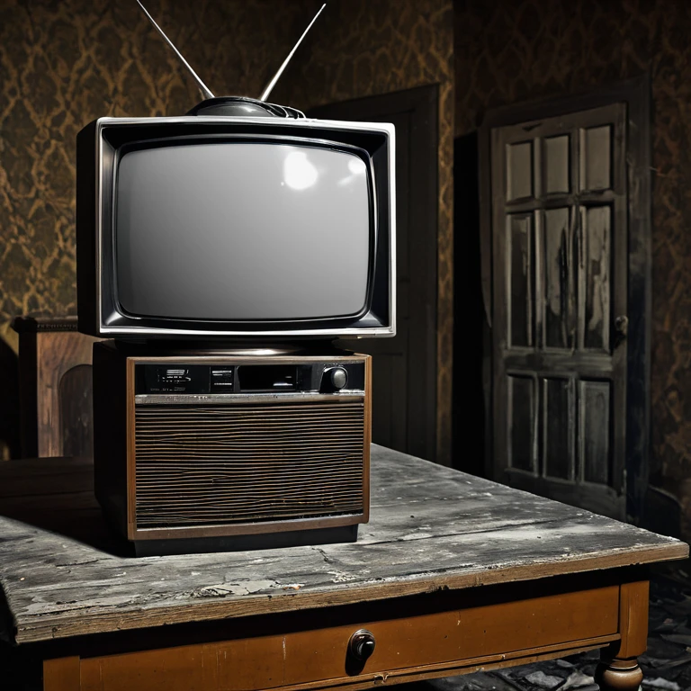 A TV(television)on a table in a haunted horror movie room