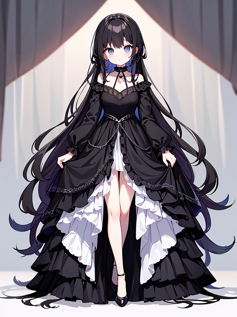 Full-body portrait、Are standing、Adult women、Black Hair、Untidy hair、Messy hair、Thick Hair、Very long hair、Long Hair、A thin, revealing black curtain dress