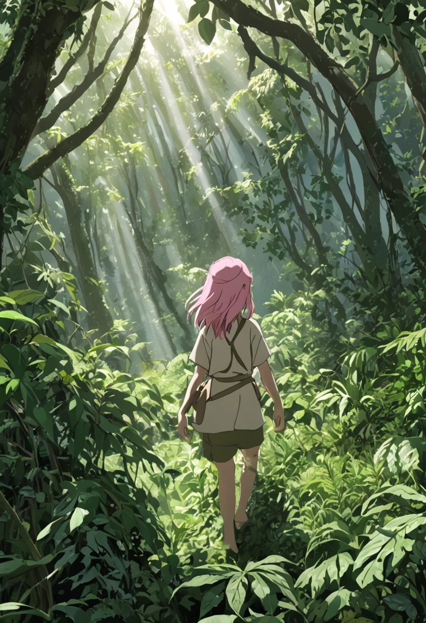 "It depicts a girl living in the natural environment of the jungle.. She wears simple clothes, Practical clothing for life in the forest. Her hair is disheveled、Loose, Demonstrating a connection to nature. The girl has a look of determination and confidence., Reflects adaptation to the wild environment. The lush vegetation of the surrounding area accentuates its peaceful and harmonious presence in the jungle.。. The light coming through the treetops creates a play of shadow and light., Add depth and mystery to the scene."Pink hair、Full body angle、The whole forest from afar