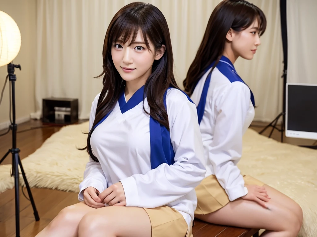 A live-action photo of an extremely beautiful Japanese high school girl race queen who highlights her large breasts and beautiful legs.、In a photo studio, she wears a cosplay uniform and takes promotional photos for compensated dating、She is an eternal idol who combines a clean look with modern charm.。 She creates such beauty。 She feels her own warmth。 She creates a warm atmosphere。 We create beauty。 That's what I want to say。 In her full body photo、The figure features porcelain-like skin and golden hair that radiates a soft glow.。 This is probably、It captured the essence of her timeless charm.、This is the best shot ever.。 Each straight line and curve is carefully expressed.、Breathtakingly beautiful with impeccable detail。 This piece perfectly captures her timeless beauty.。 Divine Proportions、Sharp focus、Full-body photo taken by Kishin Shinoyama、high quality、High resolution、Detailed Background