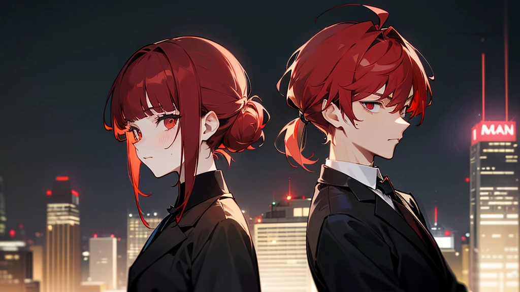 masterpiece, detailed, ( 2 people focus ) , girl and gang male at an night modern cityscape , ( 1 girl and 1 gang male:1.3 ) , red hair male, ( male with red hairstyle:1.3 ) , male's nape hair is long , ( light beige hair girl ) , chignon hairstyle girl, ( girl with single chignon hairstyle:1.3 ), messy blunt bangs male , girl with blunt bangs , wearing black suit , deep-red eye , ( male face:1.3 ) , (( The background of the night modern cityscape )) , ( midnight ) , back to back , neon , building , moonlight