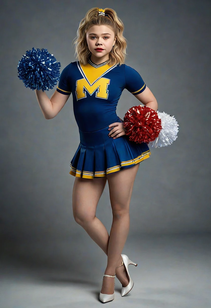 A beautiful young woman , Chloe Moretz, in a full length portrait, in a cheerleader uniform from the University of Michigan, wearing shimmering tan pantyhose and 5-inch white high-heeled pumps, holding pompoms and posing for a studio photo shoot. She has red lipstick, her hair is in a bun, and the image is captured with a wide-angle lens in a full-length portrait with a 9:16 aspect ratio. (best quality,4k,8k,highres,masterpiece:1.2),ultra-detailed,(realistic,photorealistic,photo-realistic:1.37),cinematic lighting, highly detailed facial features, intricate details, Chloe Moretz