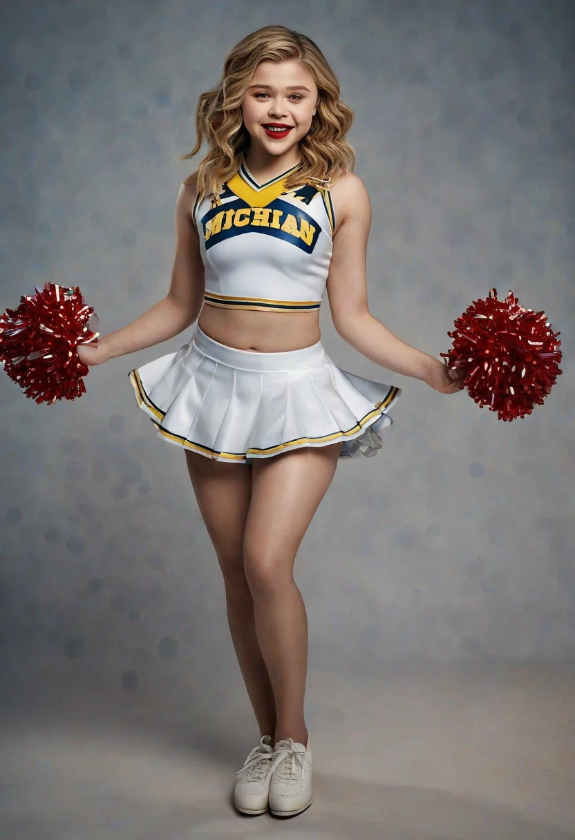 A beautiful young woman , Chloe Moretz, in a full length portrait, in a cheerleader uniform from the University of Michigan, wearing shimmering tan pantyhose and 5-inch white high-heeled pumps, holding pompoms and posing for a studio photo shoot. She has red lipstick, her hair is in a bun, and the image is captured with a wide-angle lens in a full-length portrait with a 9:16 aspect ratio. (best quality,4k,8k,highres,masterpiece:1.2),ultra-detailed,(realistic,photorealistic,photo-realistic:1.37),cinematic lighting, highly detailed facial features, intricate details, Chloe Moretz