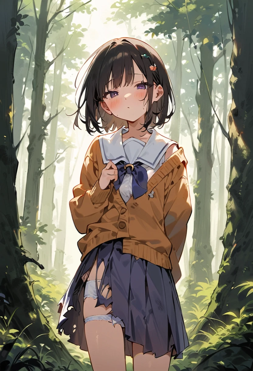 beautiful detailed girl,(masterpiece,best quality,extremely detailed:1.2),((cowboy shot:1.1)),(solo,10 years old,kawaii,slender,small breasts:1.25),(pained look:0.8),((white underwear) in ((Torn school uniform)):2),(dirty:2),blush,shy,weep,standing,(deep forest:1.5),(hug:0.4),rating: general, newest,Sexy face,(primitive:1.1)