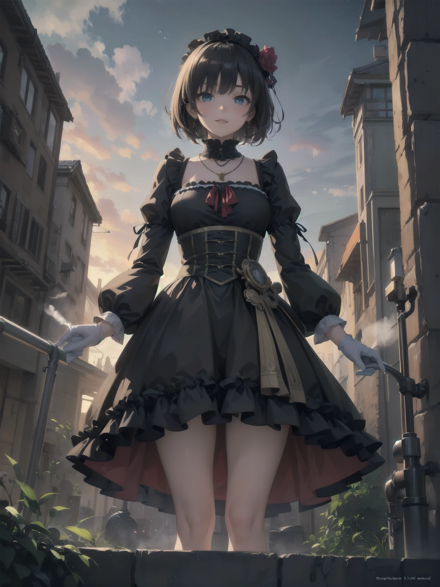 (Masterpiece:1.2), (Top quality: 1.2), Super high resolution, Very detailed,. 
BREAK.
, ((Anime girl standing with happiness in her hands)), Crazy girl, (1,Lolita,Boyish, , 12 years old: 1.3), Light smile, , Girl looking like a boy, Bob-cut hair, Shaggy hair, Very large breasts, nubile, slender body, overflowing with soft fat mass. Small hips, Vertically large eyes, Fine and beautiful eyes, Well-proportioned irises and pupils, Expressive eyes, Beautifully detailed lips, High resolution detailed hair, Perfect eyes, Perfect face, Super dense skin, Full fingers, Perfect lighting,.
 BREAK,. 
((light green necklace)), ((black and red fine dress: 1.3)), light green tie, shining sapphire, lady, wearing white gloves,. 
BREAK.
, (Steampunk), Castle balcony, Skyscraper, Night view, Equipment, Ancient ruins, Tradition, Overwhelming, Magnificent, Steam, Pipes, (Steam spewing out from pipes:1.2), Fantasy, Victorian other world, Early 19th century, Road, trees, clouds, night sky, shading, effects, detail. Masterpiece background,
BREAK.
((Positive: 1.3)),. 
BREAK.
, digital animated art, cartoon-style illustrations, cartoon illustrations