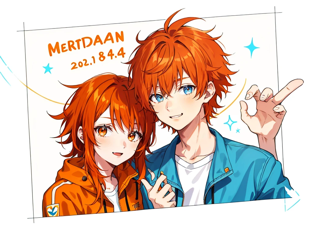 1 boy, 24 years old, messy hair, orange hair, medium hair, jumpsuit, 1 girl, 24 years old,