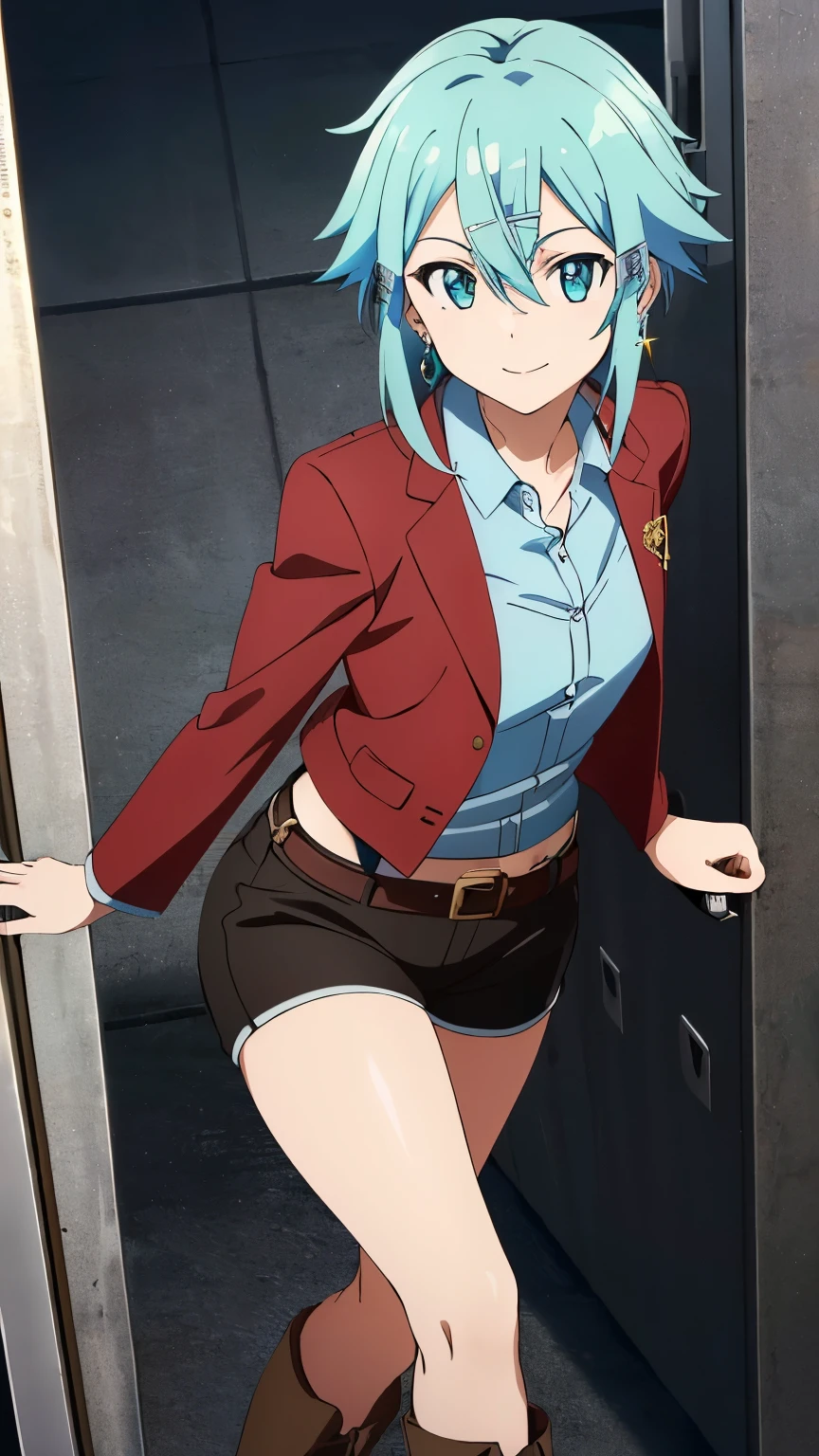 (Top Quality, Masterpiece, 8k:1.2), Ultra Detailed, High Resolution, (Anime:1.2), 1 Girl, Solo, EPsoaSinon, Short Hair, Light Blue Hair, Detailed Jewel Eyes, Hair Between Eyes, (Hair Accessory:1.2), Hair Clip, Side Locks, (College jacket, shorts, boots, earrings, smile), dynamic Angle, Cowboy Shot,looking at viewer,