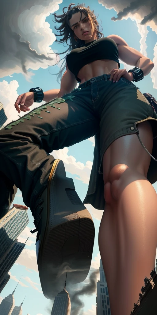 "A towering Giantess in a cool and laid-back hippie style is rocking a crop top and baggy pants. Her toned and athletic build hints at her massive strength. She seems to be casually strolling through the bustling cityscape of GTS City, as towering buildings loom overhead. Smoke and clouds roil around her, adding to the sense of epic scale and drama. The lighting is dark, gloomy, and realistic, creating a tense and ominous atmosphere. The perspective is from below, emphasizing the sheer majesty and power of the Giantess."