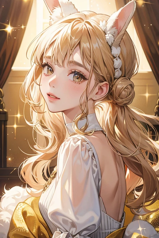 InstaBunny is a beige girl rabbit with white patches on her face , and brown to gold hair in a bun at the top and curly at the back.  SPARKLE; GLITTER