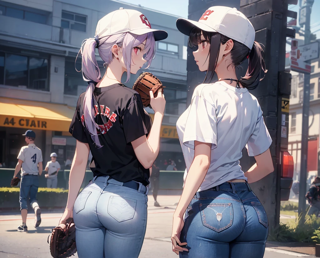 (Close-up:1.3),Realistic,Highest quality, Super detailed, High-quality CG rendering, The most delicate and beautiful, Floating softly, High resolution, (1 girl), (Highest quality,4K,8K,masterpiece:1.2), Light purple hair,(Very long ponytail:1.5),Red eyes,(Pure white oversized short sleeve T-shirt:1.3),(Black skinny jeans:1.3),(Pure white baseball cap:1.3),In the city,old buildings,(Turn your back to your audience:1.3),Butt