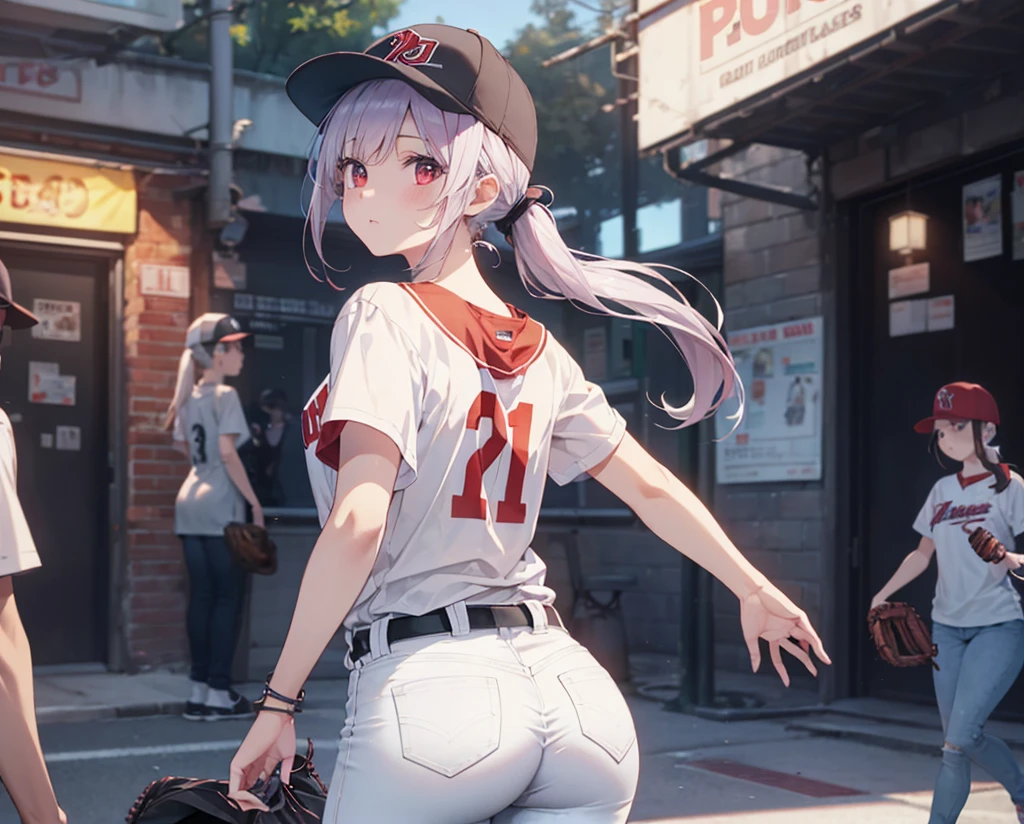 (Close-up:1.3),Realistic,Highest quality, Super detailed, High-quality CG rendering, The most delicate and beautiful, Floating softly, High resolution, (1 girl), (Highest quality,4K,8K,masterpiece:1.2), Light purple hair,(Very long ponytail:1.5),Red eyes,(Pure white oversized short sleeve T-shirt:1.3),(Black skinny jeans:1.3),(Pure white baseball cap:1.3),In the city,old buildings,(Turn your back to your audience:1.3),Butt