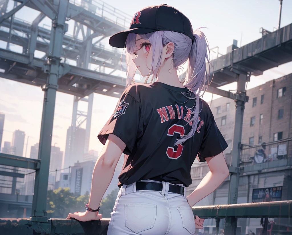 (Close-up:1.3),Realistic,Highest quality, Super detailed, High-quality CG rendering, The most delicate and beautiful, Floating softly, High resolution, (1 girl), (Highest quality,4K,8K,masterpiece:1.2), Light purple hair,(Very long ponytail:1.5),Red eyes,(Pure white oversized short sleeve T-shirt:1.3),(Black skinny jeans:1.3),(Pure white baseball cap:1.3),In the city,old buildings,(Turn your back to your audience:1.3),Butt